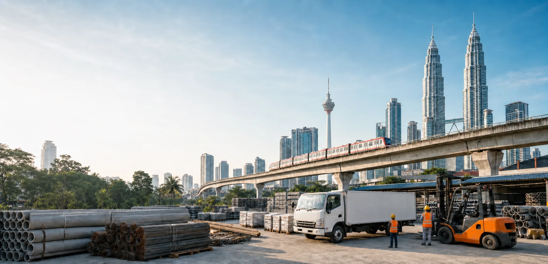 Building materials yard, delivery truck and Kuala Lumpur skyline