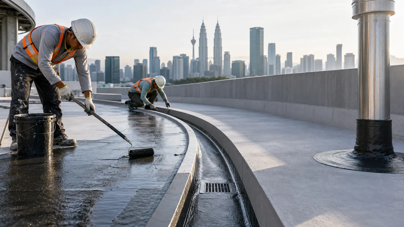 Waterproofing system being applied on a Kuala Lumpur rooftop