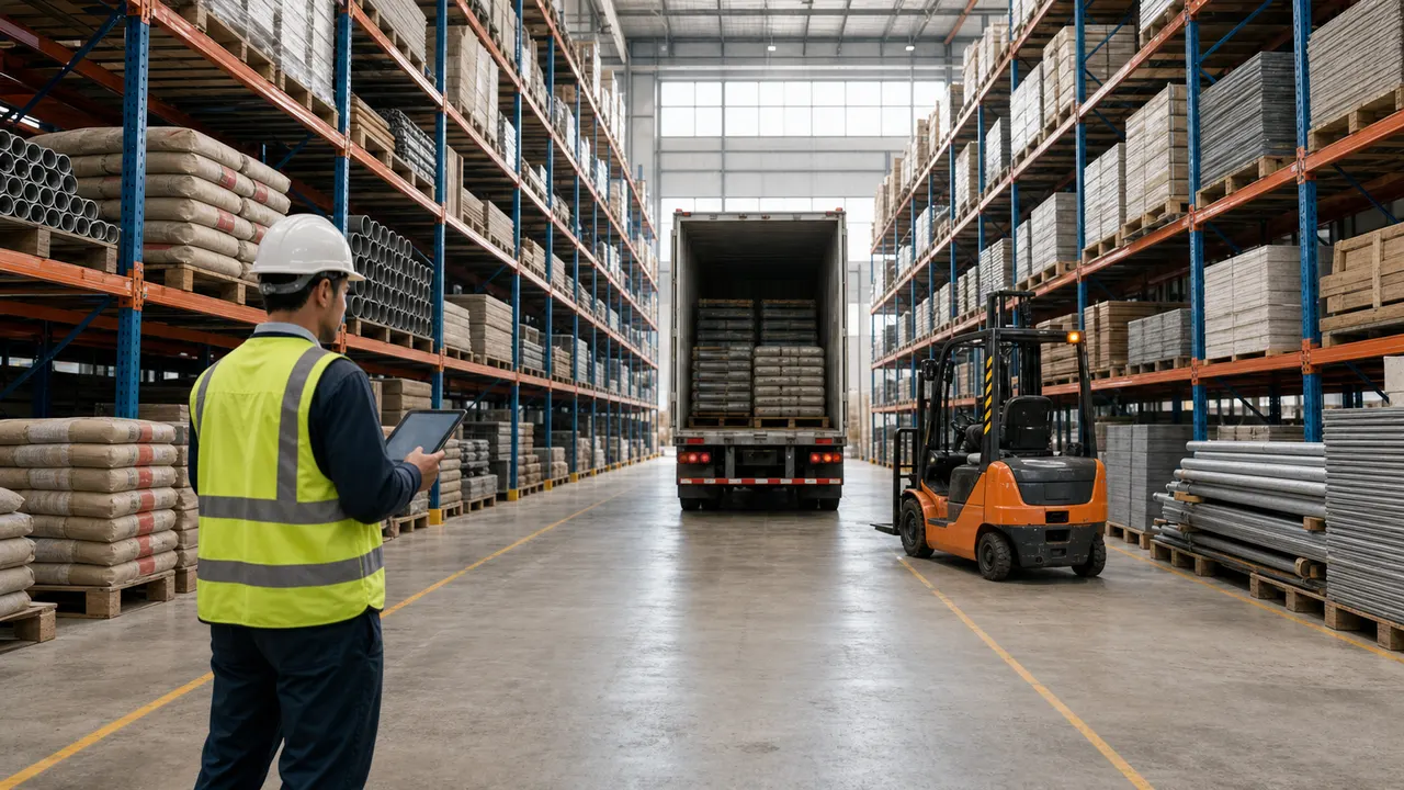 Warehouse team coordinating construction material loading and delivery